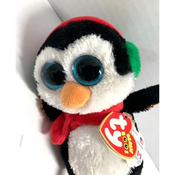 New Ty Beanie Boss North Penguin Plush Stuffed Animal Toy 6 in Tall Red Scarf Gr - Picture 2 of 4
